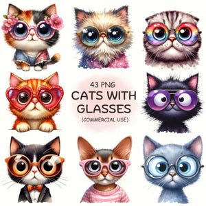 Eigenzinnige katten met bril clipart-43 aquarel schattige kittens PNG bundel, afdrukbare transparante kunst | Digitale download | Commercieel gebruik