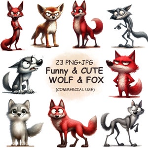 Funny Quirky Wolf Fox PNG + JPG Clipart Bundle - 23 Watercolor Cute Wild Animal Clip Art, Printable Transparent Digital Art | Commercial Use