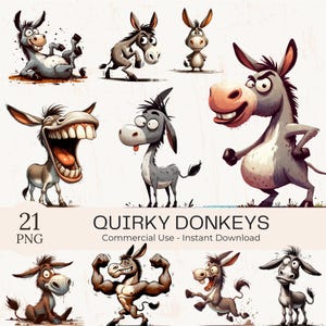 Quirky Donkey Clipart: Watercolor Funny Cartoon Animal PNG Bundle (Commercial Use)