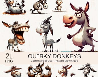 Quirky Donkey Clipart: Watercolor Funny Cartoon Animal PNG Bundle (Commercial Use)