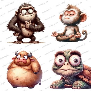 May include: A collection of four cartoon animal illustrations. A smiling ape gives a thumbs up, a meditating monkey, a sad-looking bull, and a turtle with large eyes. The illustrations are in a watercolor style with a white background.