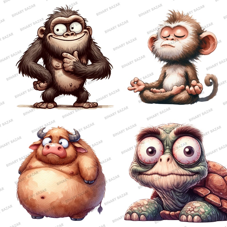 May include: A collection of four cartoon animal illustrations. A smiling ape gives a thumbs up, a meditating monkey, a sad-looking bull, and a turtle with large eyes. The illustrations are in a watercolor style with a white background.