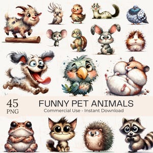 45 Funny Pet Clipart: Watercolor Quirky Cartoon Animal PNG Bundle (Digital Download)