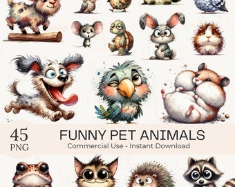 45 Funny Pet Clipart: Watercolor Quirky Cartoon Animal PNG Bundle (Digital Download)
