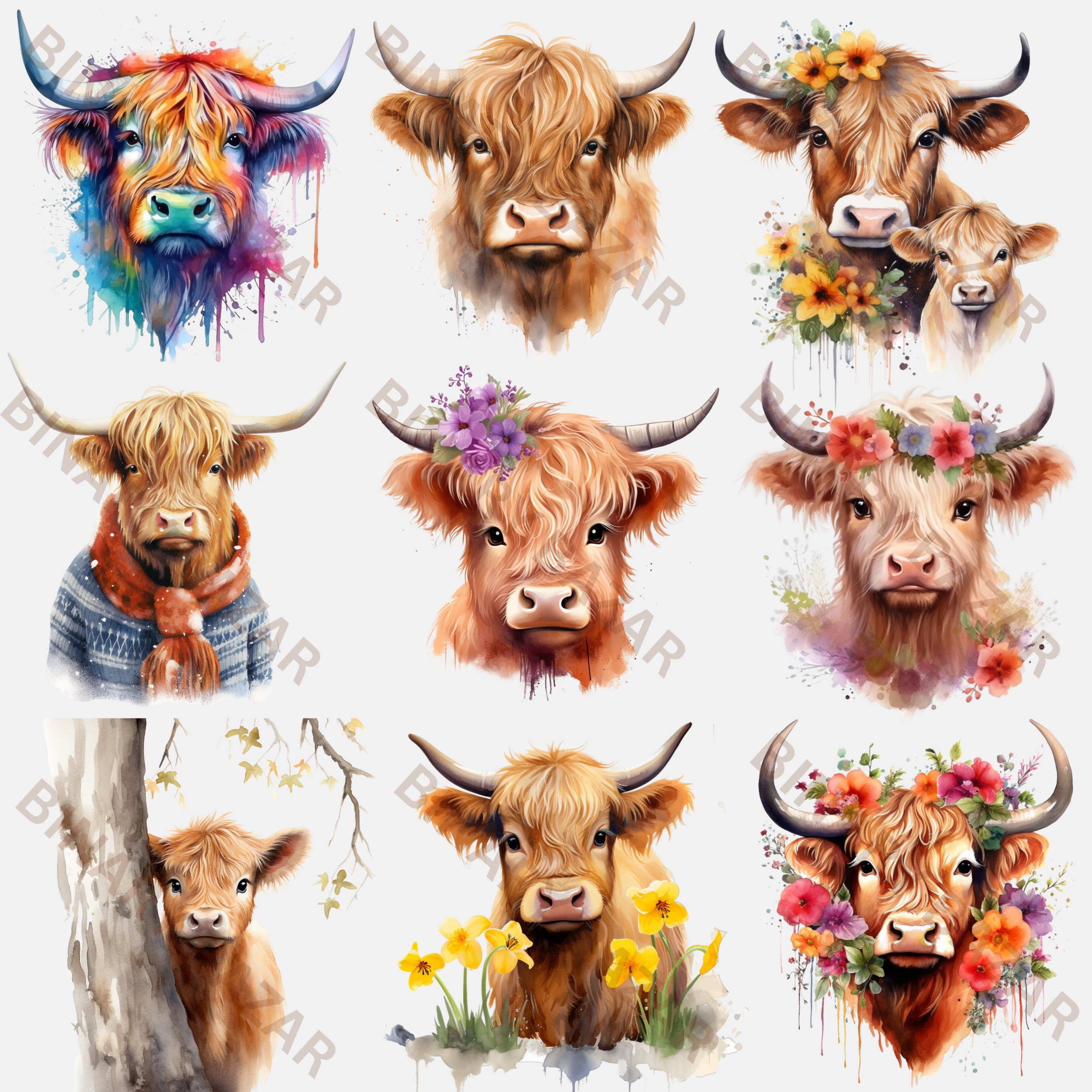 30 Watercolor Highland Cow Clipart PNG Bundle: Floral Rustic Farmhouse ...