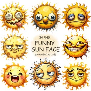 Zabawne i dziwaczne słoneczne twarze ClipArt PNG Bundle - 34 akwarelowe zabawne ekspresyjne twarze kreskówkowe letnie klimaty do wydrukowania Clip Art