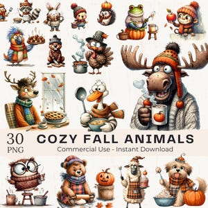 Op de afbeelding: Een verzameling van 30 PNG-afbeeldingen met gezellige herfstdieren. De illustraties tonen verschillende dieren, waaronder een wasbeer, konijn, egel, kikker, aap, eland, uil, beer en hond, in herfstkleding en -activiteiten.
