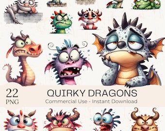 Watercolor Funny Dragon Clipart: Monster Animals Bundle (Digital Download)