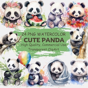 Joli bébé panda clipart PNGs - 24 aquarelles, jungle faune panda Clip Art Bundle - décoration de chambre d'enfant imprimable art numérique à usage commercial