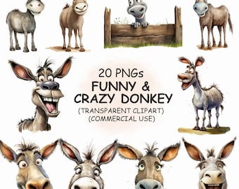 Cute Funny & Quirky Donkey Clipart PNG Bundle - 20 Watercolor Animal Face Printable Transparent Clip Art | Digital Download | Commercial Use