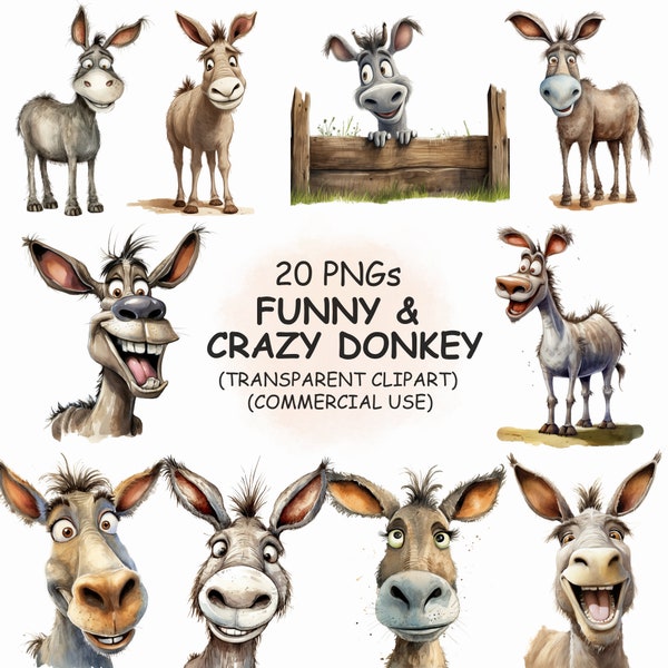 Carino divertente e eccentrico asino Clipart PNG Bundle - 20 acquerello faccia animale stampabile trasparente Clip Art / Download digitale / Uso commerciale