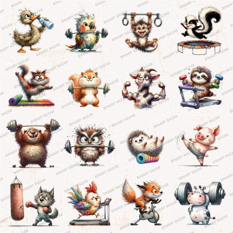 Funny Gym Animals Clipart PNG Bundle: 19 Watercolor Quirky Cartoon ...