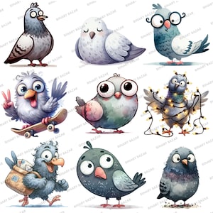 May include: A set of nine cartoon illustrations of pigeons in various poses. The pigeons are depicted in a whimsical style with bright colors and expressive features. Some of the pigeons are wearing glasses, riding skateboards, or holding letters.