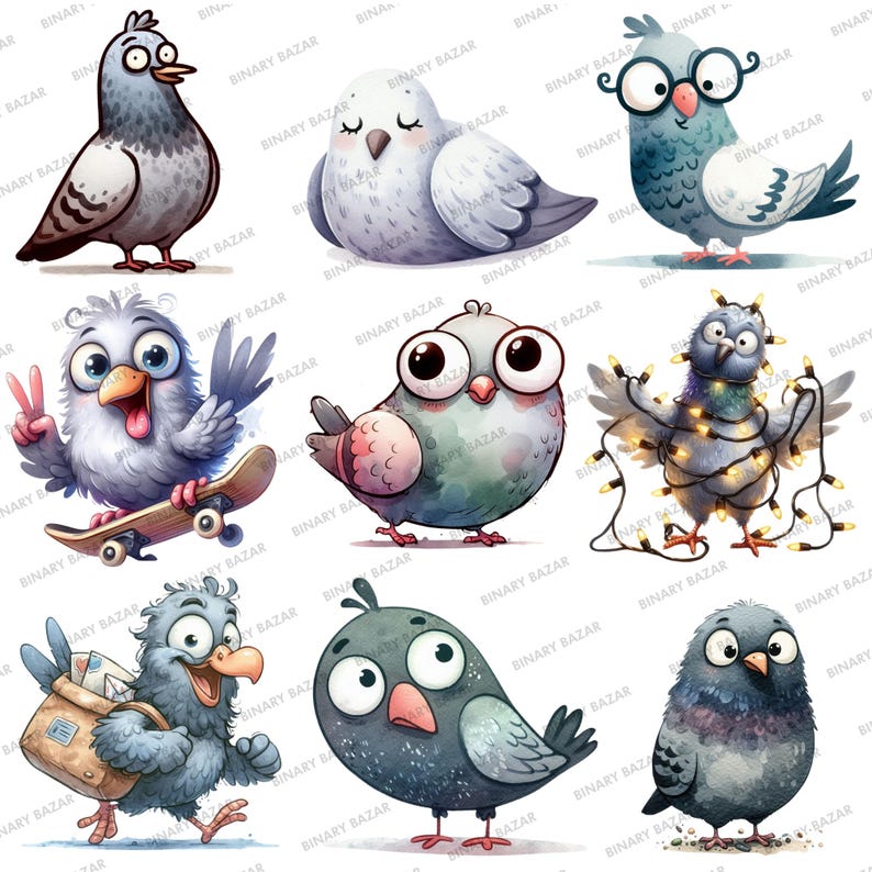 May include: A set of nine cartoon illustrations of pigeons in various poses. The pigeons are depicted in a whimsical style with bright colors and expressive features. Some of the pigeons are wearing glasses, riding skateboards, or holding letters.