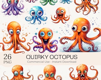 26 Quirky Octopus Clipart PNG: Watercolor Funny Ocean Animal Bundle (Commercial Use)