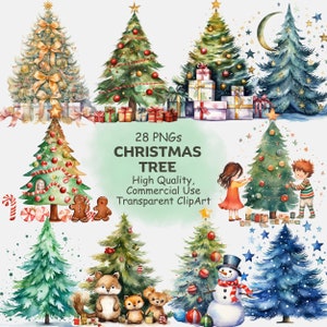 29 Clipart di alberi di Natale, PNG dell'albero di pino, Clipart di Natale, ClipArt di buon Natale, Buone vacanze Decor Png, Arte stampabile digitale dell'acquerello