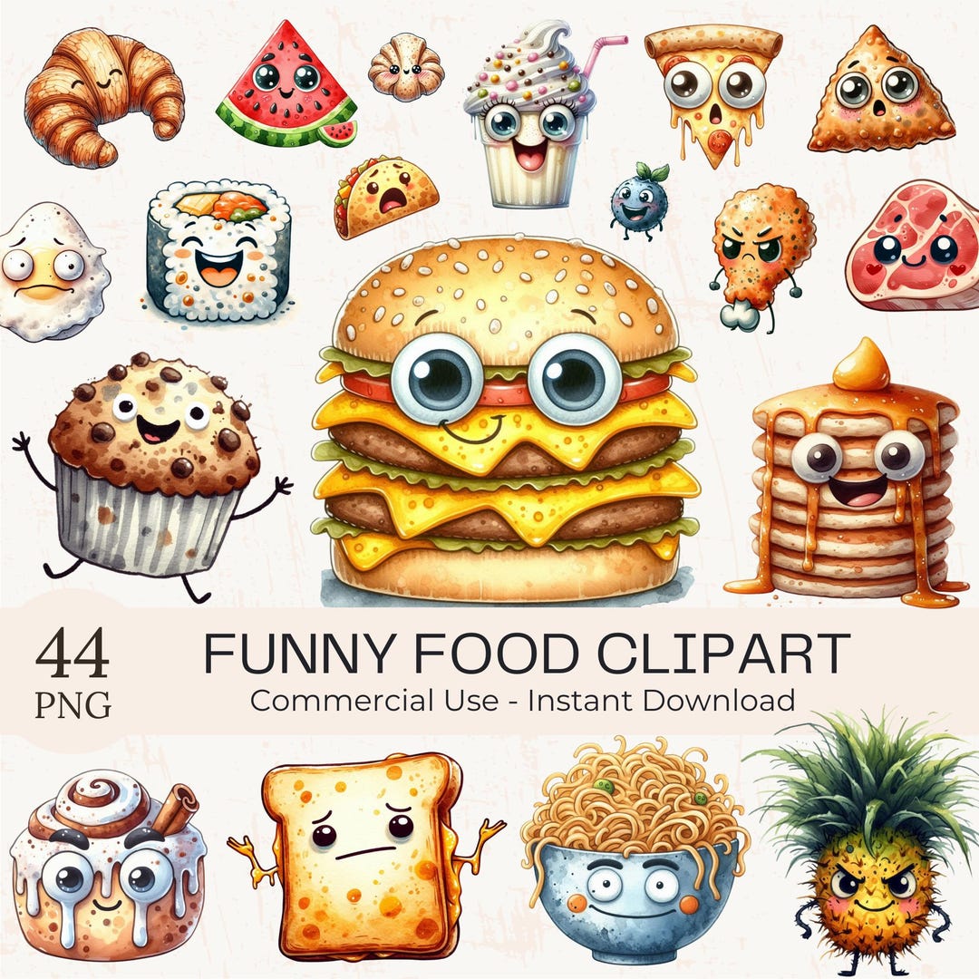 Fun Food Graphics 44 Funny Food Clipart PNG Bundle: Watercolor Kawaii Cartoon Art ...