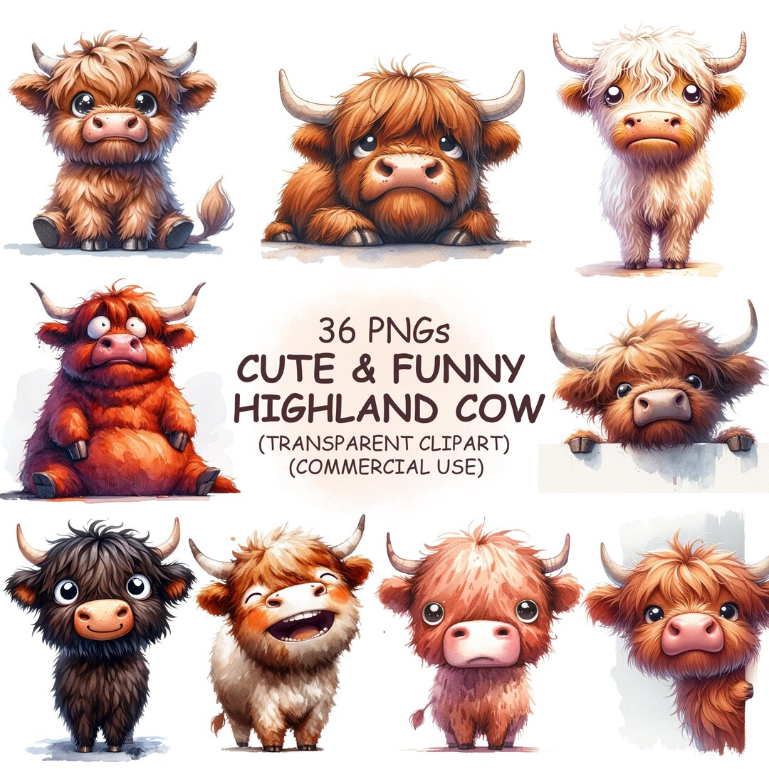 Buy Funny and Cute Highland Cow Clipart PNG Bundle 36 Watercolor Animal ...