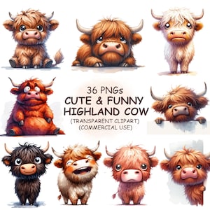 Funny and Cute Highland Cow Clipart PNG Bundle- 36 Watercolor Animal Clip Art- Printable Transparent Art | Digital Download | Commercial Use