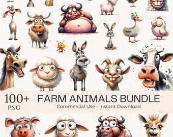 Pacote com mais de 100 cliparts engraçados de animais de fazenda em PNG: ilustrações peculiares em aquarela (download instantâneo) (uso comercial)