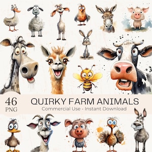 Watercolor Quirky Farm Animals Clipart: 46 Funny PNG Images (Digital Download) image 1