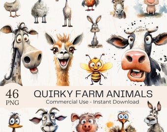 Watercolor Quirky Farm Animals Clipart: 46 Funny PNG Images (Digital Download)