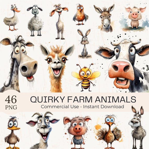 Watercolor Quirky Farm Animals Clipart: 46 Funny PNG Images (Digital Download)