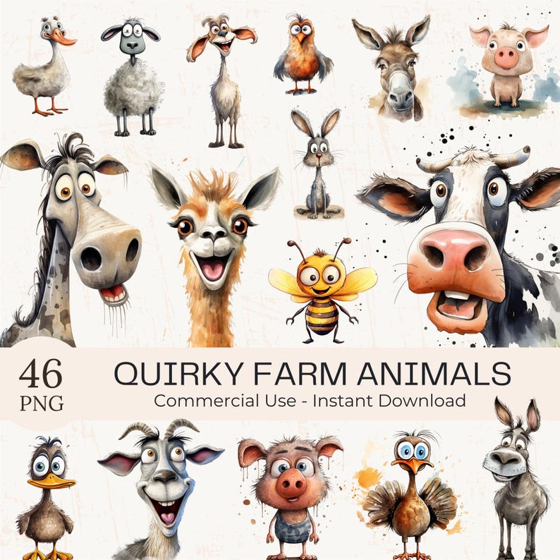 Watercolor Quirky Farm Animals Clipart: 46 Funny PNG Images (Digital Download) image 1