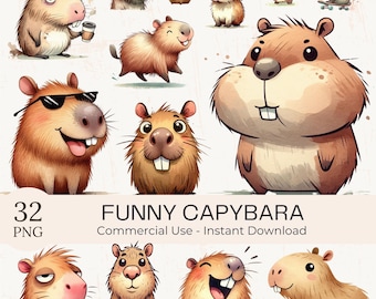 Funny Capybara Clipart PNG Bundle – 32 Quirky Watercolor Cartoon Animals (Digital Download, Commercial Use)