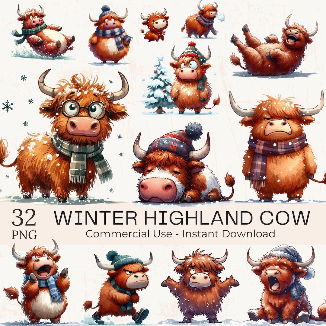 Funny Winter Highland Cow Clipart PNG Bundle: Watercolor Cozy Christmas ...