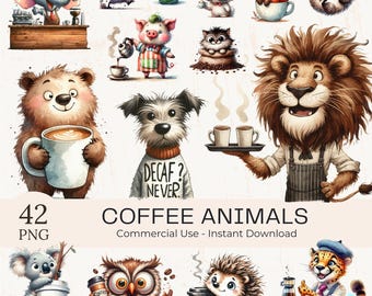 Coffee Animals Clipart Bundle: 42 Watercolor Funny & Quirky Cartoon illustration (PNG, JPG Digital Download)