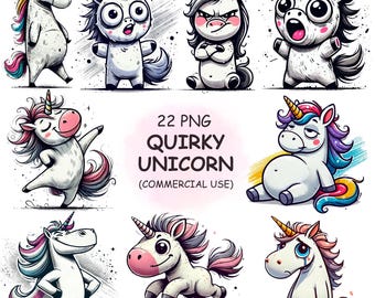 Watercolor Quirky Unicorn Clipart: 22 PNG Fantasy Animal Images (Digital Download)