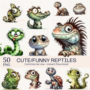 50 Funny Reptile Clipart PNG Bundle: Watercolor Snake, Lizard, Turtle Animal Sublimation (Digital Download)