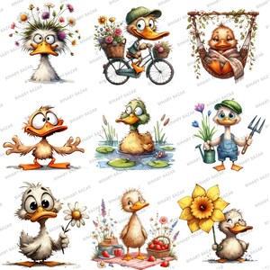 May include: Nine illustrations of cartoon ducks in various poses. The ducks are depicted in different settings, including a bicycle, a hammock, a pond, a garden, and a picnic. The ducks are all brightly colored and have expressive faces.