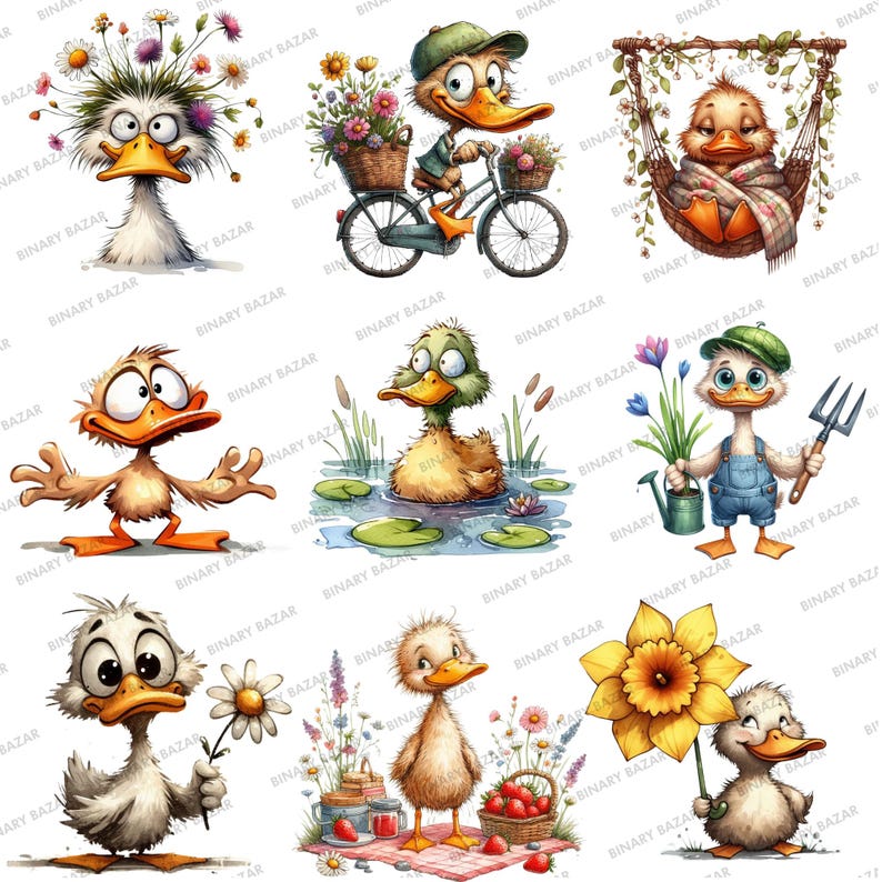 May include: Nine illustrations of cartoon ducks in various poses. The ducks are depicted in different settings, including a bicycle, a hammock, a pond, a garden, and a picnic. The ducks are all brightly colored and have expressive faces.