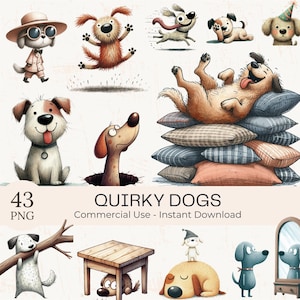 Watercolor Funny Dogs Clipart: Quirky Puppy PNG Bundle (Digital Download, Commercial Use)