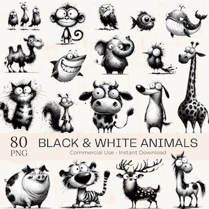 Black and White Animal Clipart Bundle: 80 Watercolor PNG Images (Digital Download)