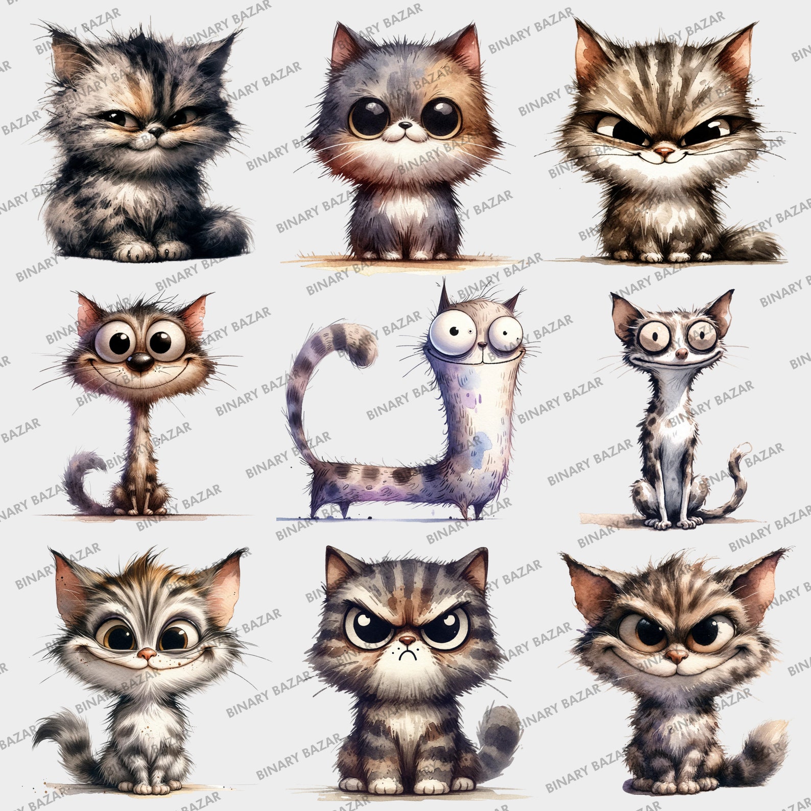 Funny and Cute Cat Clipart PNG Bundle 60 Watercolor Quirky Animals Clip ...
