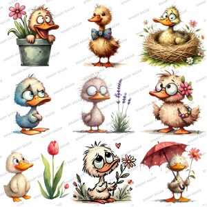 May include: A set of ten digital illustrations featuring cute cartoon ducks in various poses. The ducks are depicted with different expressions and accessories, such as glasses, a bow tie, and a flower. Some ducks are holding flowers, while others are standing in a nest or under an umbrella.