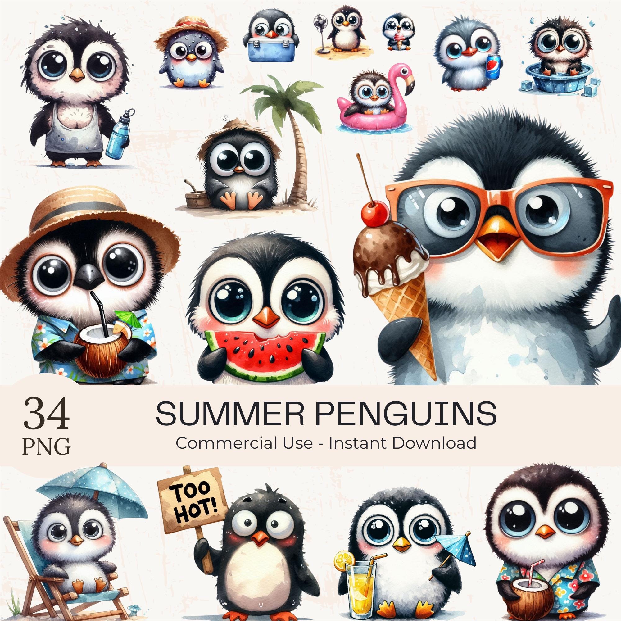 34 Funny Summer Penguin Clipart PNG Bundle – Watercolor Cartoon Animals ...