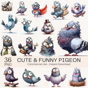 Funny Cute Pigeon Clipart PNG Bundle – 37 Watercolor Quirky Pigeon Illustrations for Printing, Crafts, Planners & More | Digital Download