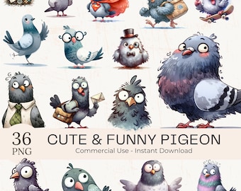 Watercolor Funny Pigeon Clipart: 37 PNG Illustrations (Digital Download)