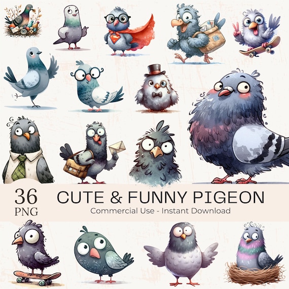 Watercolor Funny Pigeon Clipart: 37 PNG Illustrations (Digital Download)