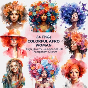 Afro Woman ClipArt - PNG afroamericano, Clipart ragazza nera afro, Fiori colorati pop, Fiori, Design farfalla - 24 Clip Art acquerello