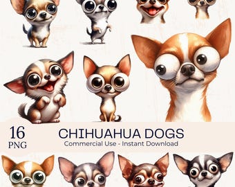 Funny Chihuahua Clipart Bundle: 16 Watercolor Pet Dog PNGs for Sublimation (Commercial Use)