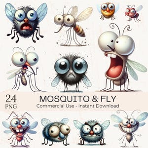 Watercolor Funny Insect Clipart: Mosquito & Fly PNG JPG Bundle (Digital Download)