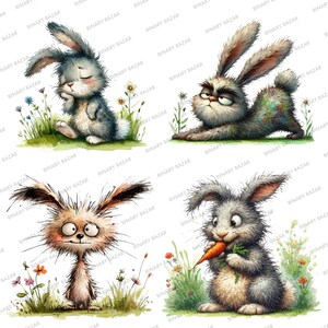 May include: Four illustrations of cartoon bunnies with different expressions. The bunnies are drawn in a watercolor style with a white background. The first bunny is looking down with its paws on its chin. The second bunny is stretching with a grumpy expression. The third bunny is looking up with a worried expression. The fourth bunny is holding a carrot and smiling.