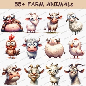 K&ouml;nnte beinhalten: Eine Sammlung von &uuml;ber 55 Comic-Bauernhoftieren mit gro&szlig;en Augen. Zu den Tieren geh&ouml;ren K&uuml;he, Ziegen, Schafe, H&uuml;hner und Schweine. Die Tiere sind alle in einem niedlichen und skurrilen Stil gezeichnet.