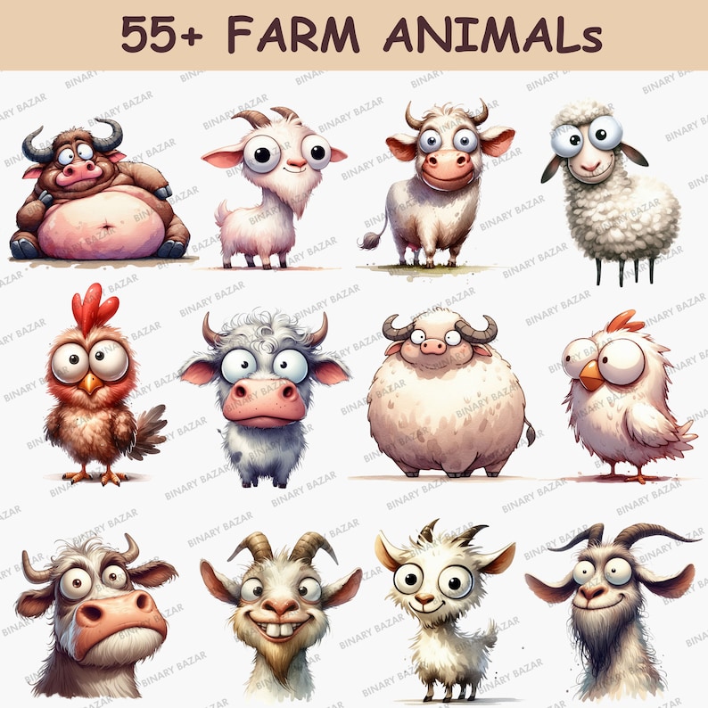 K&ouml;nnte beinhalten: Eine Sammlung von &uuml;ber 55 Comic-Bauernhoftieren mit gro&szlig;en Augen. Zu den Tieren geh&ouml;ren K&uuml;he, Ziegen, Schafe, H&uuml;hner und Schweine. Die Tiere sind alle in einem niedlichen und skurrilen Stil gezeichnet.