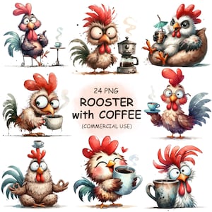 Quirky Rooster with Coffee Clipart PNG Bundle – 24 Cute Funny Watercolor Roosters Drinking Coffee Clip Art | Digital Download Commercial Use